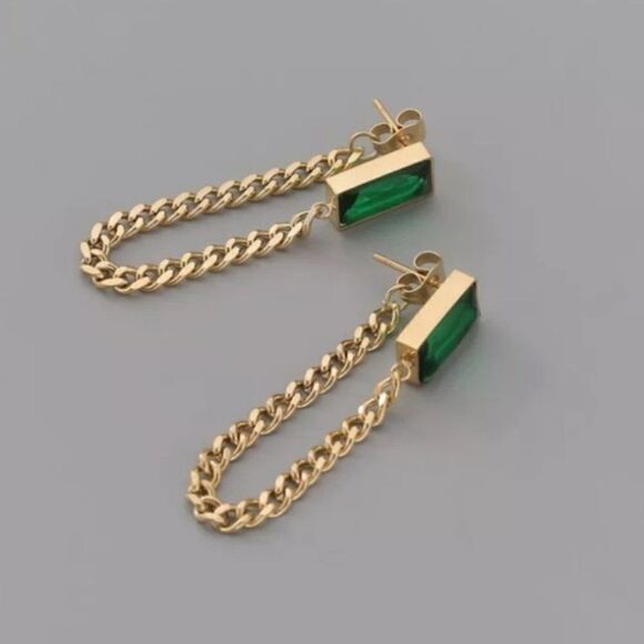 #41 NEW Emerald Green Gemstone 18K Gold Plated Chain Dangle Drop Earrings - Picture 2 of 8